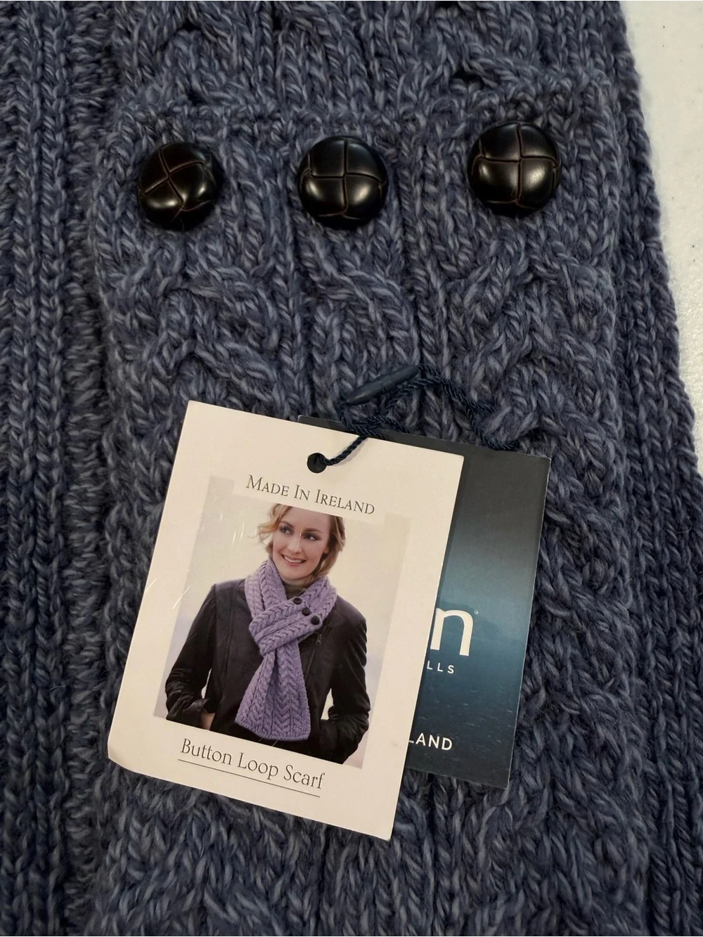 Button-Loop Cable Knit Scarf in Slate Blue